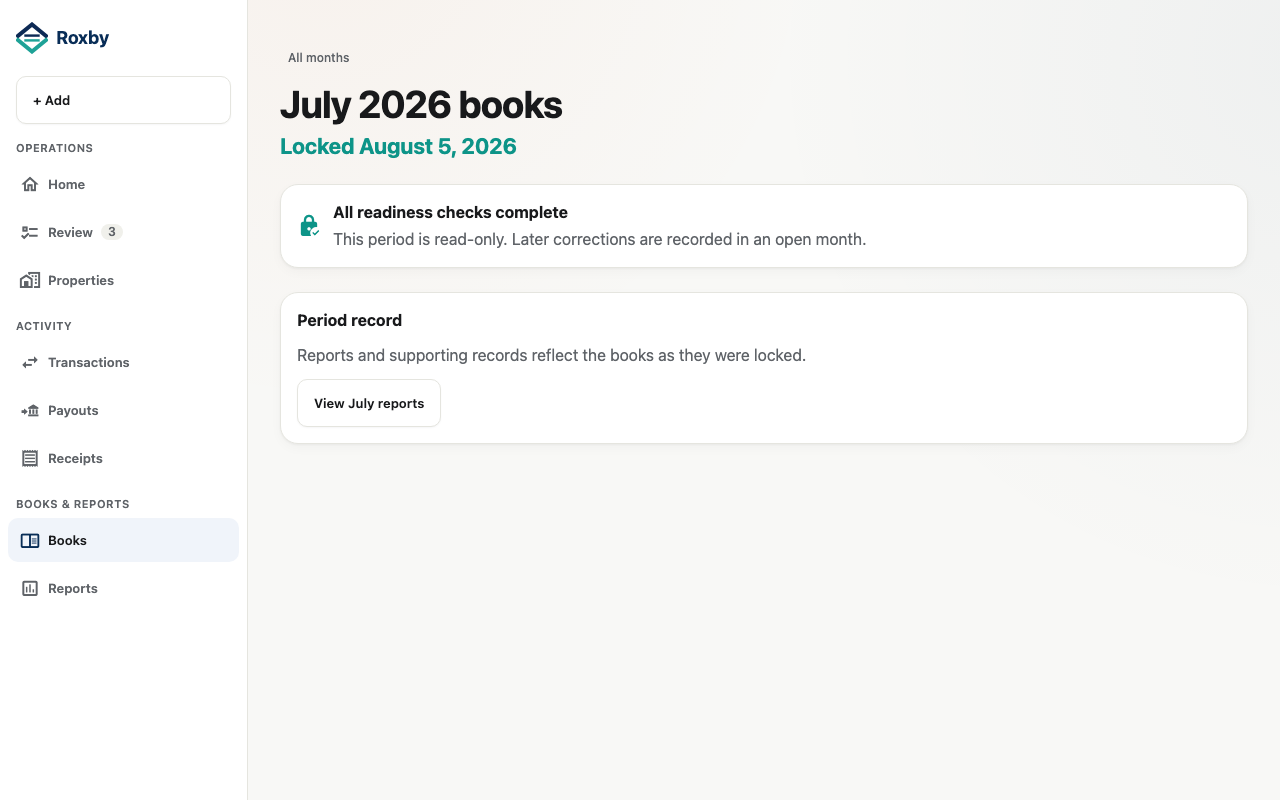Roxby locked monthly books record showing completed readiness checks and freeze status
