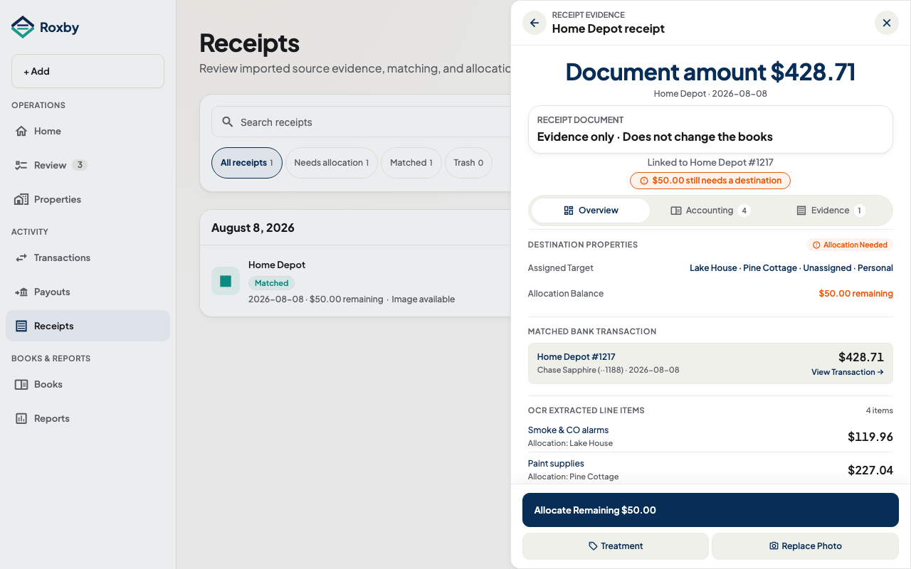 Roxby receipt evidence drawer showing expense allocation across rental properties